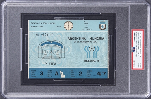 1977 Diego Maradona Full Argentina Ticket Stub From International Debut Game On 2/27/1977 vs. Hungary - PSA GOOD 2  